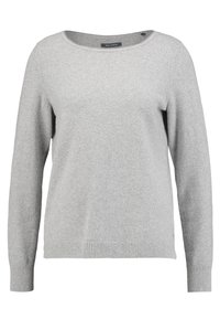 Jasnoszary sweter wykonany z miękkiego materiału, z szerokim dekoltem typu scoop, długimi rękawami oraz ściągaczami na mankietach i u dołu. Bez widocznych wzorów ani zdobień.