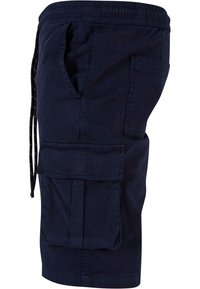 Dunkelblaue Cargo-Shorts mit elastischem Bund, Seitentaschen und einer großen Cargo-Tasche am Oberschenkel, aus leichtem Material.