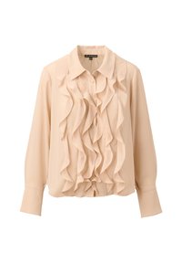 Peach-colored blouse with ruffles down the front, long sleeves, and a collared neck. Made from lightweight, textured fabric.