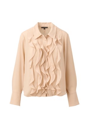 Pfirsichfarbene Bluse mit Rüschen entlang der Vorderseite, langen Ärmeln und einem Kragen. Hergestellt aus leichtem, strukturiertem Stoff.
