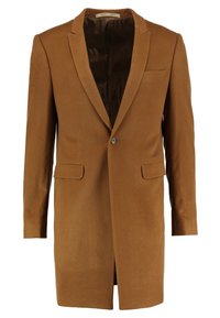 Manteau en laine brun chameau à simple boutonnage avec revers crantés, deux poches avant à rabat, une poche poitrine passepoilée, et fermeture à boutons, entièrement doublé.