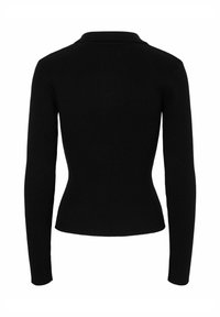 Crna rebrasta pletena majica dugih rukava s uskim strukom i visokim ovratnikom, prikazana sa stražnje strane na bijeloj pozadini.