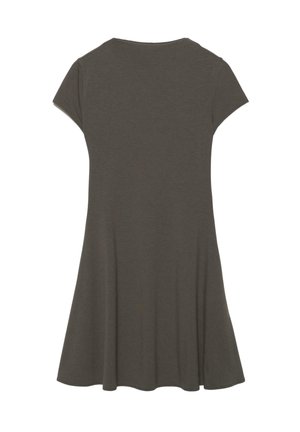 Mørkegrå kjole med korte ærmer, rund halsudskæring og skørt med vidde, vist bagfra på en hvid baggrund.