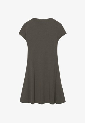 Vestito grigio scuro a maniche corte con scollo tondo e gonna svasata, mostrato da dietro su sfondo bianco.