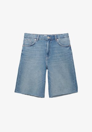 Denim kratke hlače v svetlo modri barvi, ki imajo klasičen pet-pocket dizajn, surov rob in ravno kroj z minimalnim zbledelostjo.