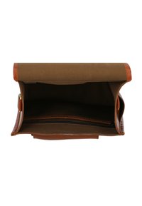 Brown leather bag with a canvas interior, featuring a zipper pocket and a fold-over design. Open view shows spacious storage capacity.