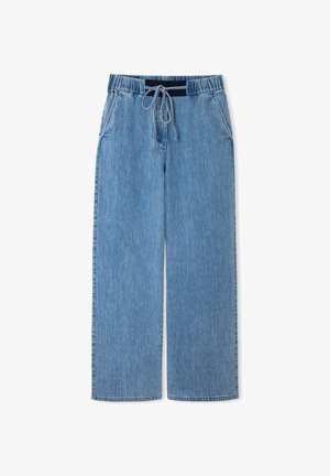 Hellblaue Denim-Hose mit weitem Bein, elastischem Bund und vorderem Kordelzug, ausgestattet mit Seitentaschen.