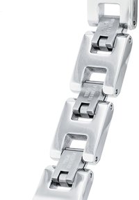 Bracciale in acciaio inossidabile con maglie intrecciate, finitura lucida e design elegante e moderno. Sono visibili accenti con superficie texturizzata.