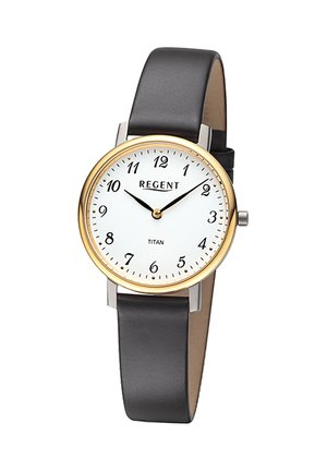Klassische Armbanduhr mit weißem Zifferblatt, schwarzen arabischen Zahlen, goldener Lünette, schwarzem Lederarmband, zeigt die Uhrzeit 10:10 und die Markennamen Regent und Titan.