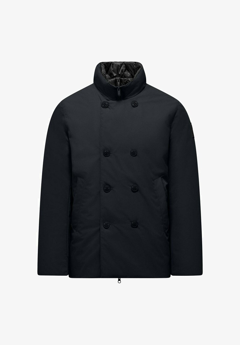 Double-breasted black puffer jacket with a high collar, featuring button accents and a zip closure, made from smooth, insulated material.