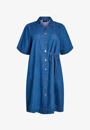 Modré džínové šaty ke kolenům s krátkými rukávy, zapínáním na knoflíky vpředu, límečkem a bočním páskem na zavazování.