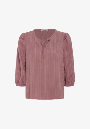 Rosa, strukturierte Bluse mit Rundhalsausschnitt und Bindedetail. Verfügt über Puffärmel mit elastischen Bündchen und einem lässigen Schnitt.