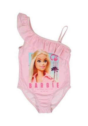 Maillot de bain rose à une épaule avec bordure à volants et motif d'une poupée Barbie blonde portant une veste rose, texte "BARBIE Édition Limitée" sur le devant.