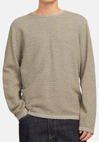 Beige und graue strukturierte Strickpullover mit langen Ärmeln, getragen mit dunkelblauen Jeans, Hand in der Tasche, stehend vor einem weißen Hintergrund.