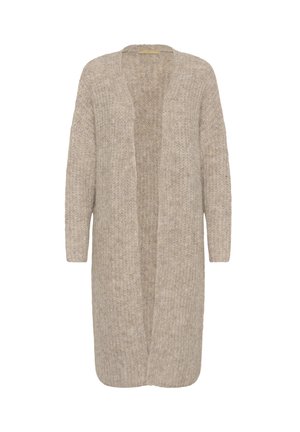 Cardigan long beige avec une coupe ample, une devanture ouverte et un motif tricoté texturé. Il a des manches longues et est fabriqué dans un matériau doux et confortable.