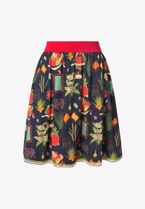 Flared skirt with a red elastic waistband, featuring a dark background and vibrant floral and decorative patterns in green, red, and yellow.
