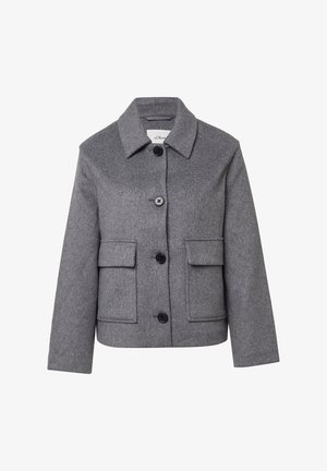 Grau melierte Wolljacke mit Kragen, sechs schwarzen Knöpfen und zwei vorderen aufgesetzten Taschen. Design mit strukturierter Silhouette und texturierter Oberfläche.