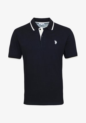 Marineblauwe poloshirt van katoen met een contrasterende witte kraag en mouwboorden; voorzien van een klein geborduurd logo op de borst.