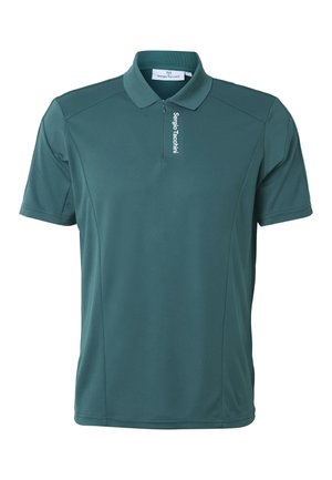 Tummanvihreä lyhythihainen poolopaita, jossa vetoketju ja valkoinen "Sergio Tacchini" -logo etukaarteessa.
