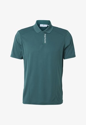 Tummanvihreä lyhythihainen poolopaita, jossa vetoketju ja valkoinen "Sergio Tacchini" -logo etukaarteessa.