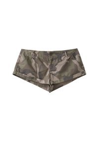 Green and brown camouflage print women’s shorts with belt loops, front button, and two pockets, displayed on a white background.