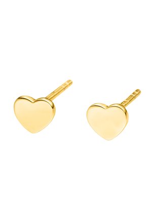 Pair of small, polished gold heart-shaped stud earrings with straight posts on a white background.