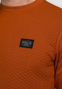 Oranje gewatteerde sweatshirt met ribbelboord aan de hals. Voorzien van een zwart rechthoekig label met de tekst "PETROL IND" aan de voorkant.