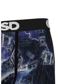 Black waistband features white logo; dynamic blue and gray pattern depicts cash and lightning motifs with a smooth, stretchy fabric.