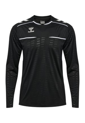 Czarna sportowa koszulka z długim rękawem wykonana z lekkiego materiału z siateczkowymi detalami, białe akcenty na ramionach i okrągły dekolt.