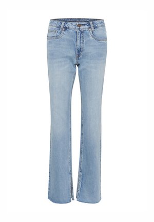 Heledad sinine džinsid, millel on laienev jalatoode ja lõhe detailid allääres. Ees on tavalised taskud ja nööbikeeramise sulgemine vööl.