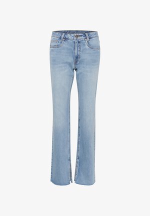 Hellblaue Jeans aus Denim mit einem ausgestellten Beinschnitt und Schlitzen am Saum. Mit standardmäßigen Taschen und einem Knopfverschluss an der Taille.