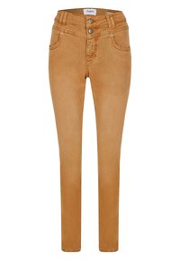 Vaaleat puuvillaiset skinny-farkut, joissa on korkea vyötärö, kaksinappinen suljenta, viisi taskua ja hienovarainen haalistuminen rakenteen lisäämiseksi.
