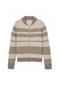 Stickad kappa med dragkedja och ribbad textur, med horisontella beige och ljusbruna ränder. Har en rund krage och långa ärmar.