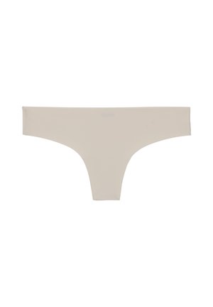 Beige stringondergoed gemaakt van een gladde stof, met een minimalistisch ontwerp, een lage taille en geen zichtbare naden.