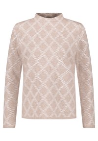 Top beige a manica lunga con collo alto decorato da un motivo a diamante bianco. Il tessuto presenta una texture morbida con una finitura liscia.