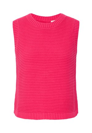 Pull sans manches tricoté rose vif avec encolure ronde côtelée et texture côtelée horizontale.