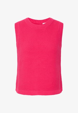 Pull sans manches tricoté rose vif avec encolure ronde côtelée et texture côtelée horizontale.