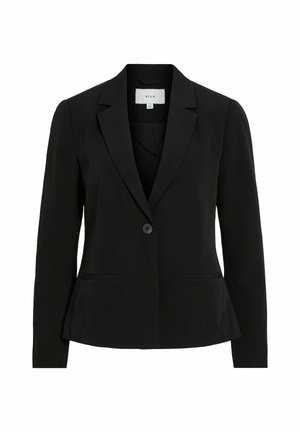Blazer noir ajusté avec revers crantés, fermeture à un bouton, deux poches avant et une texture lisse.