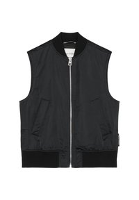 Zwart mouwloos bomberjack gemaakt van glad nylon, voorzien van een ritssluiting aan de voorkant, twee zijzakken en geribbelde boorden bij de kraag en zoom.