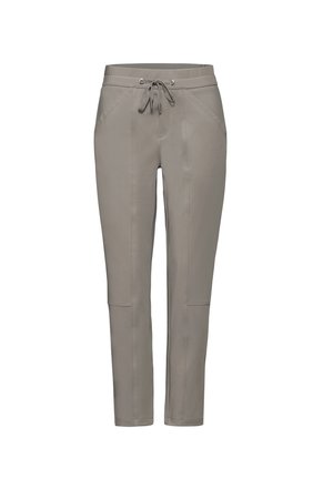 Pantalons de jogging ajustés gris clair avec taille à cordon, poches latérales et détails de panneaux cousus. Fabriqués à partir d'un tissu lisse et extensible.