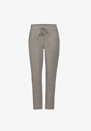 Pantalons de jogging ajustés gris clair avec taille à cordon, poches latérales et détails de panneaux cousus. Fabriqués à partir d'un tissu lisse et extensible.