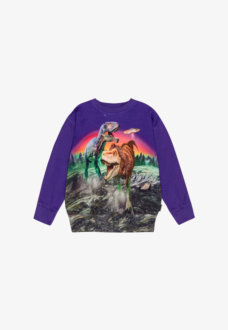 Sweatshirt violet avec un graphique de deux dinosaures sur un paysage rocheux avec un OVNI, imprimé sur le devant. Manches longues, en coton.