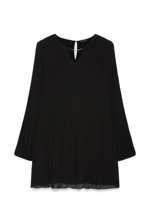 Tunika nera a maniche lunghe plissettata con scollo a V caratterizzato da un piccolo dettaglio in oro.