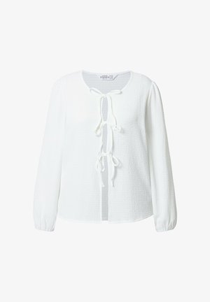 Weißes Langarm-Oberteil aus strukturiertem Stoff, mit rundem Halsausschnitt und Bindeband vorne. Mit gerafften Manschetten für eine puffige Silhouette.