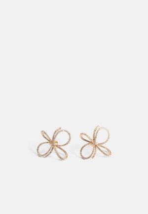 Blumenförmige Ohrringe in Goldfarbe mit mehreren Schleifen, verziert mit kleinen klaren Strasssteinen entlang der Kanten.