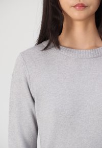 Light grey knit sweater featuring a crew neck, ribbed collar, and a soft, smooth texture. Design includes long sleeves and minimal detailing.