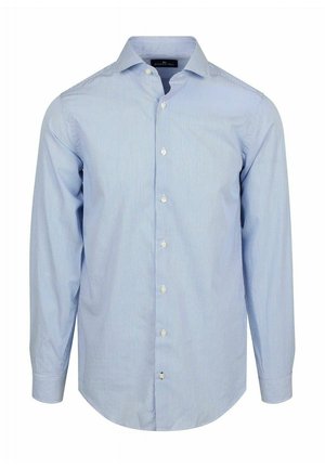 Light blue men's long-sleeve dress shirt with thin white vertical stripes, button-down front, and spread collar.
