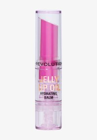 Genomskinlig plasttub med en rosa snurrbar läppolja-balm. Etiketten har "JELLY LIP OIL" i orange och "HYDRERING BALM" i svart.