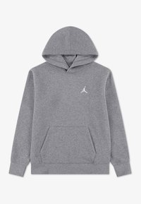 Gray hooded sweatshirt made of cotton blend. Features a front kangaroo pocket and a small white Jumpman logo on the chest.