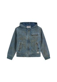 Giacca in denim con cappuccio di un blu sbiadito, con zip frontale, due tasche laterali e una tasca sul petto. Presenta polsini e orlo a coste.